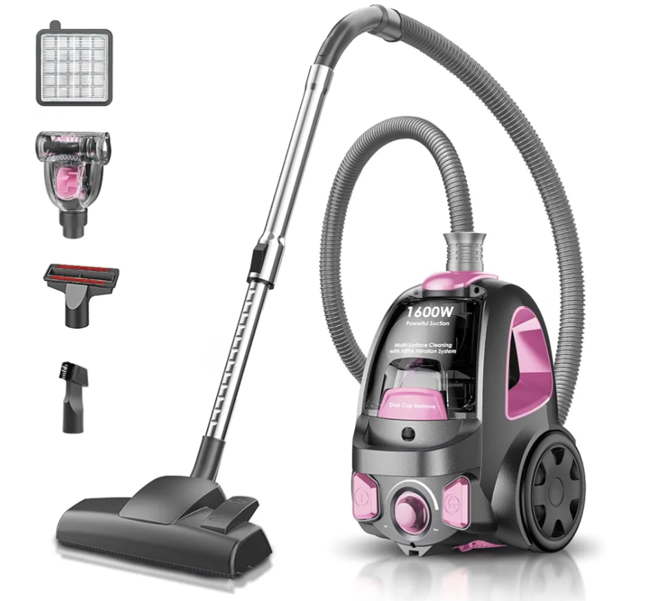 Canister Vacuum Cleaner, 32Kpa 1600W Bagless Vacuum Cleaner, Dust Full Indicator, H13 HEPA Filter, 3.7Qt Large Capacity, Lightweight Vac for Hard Floors, Carpet, Pet, Upholstery, Pink
