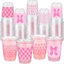 Qinyoung Pink Bow Plastic Cups 12oz 100 Pack, Clear Clear Coquette Heart Disposable Pet Tumblers for Bachelorette, Bridal Shower, Wedding & Birthday Party Supplies
