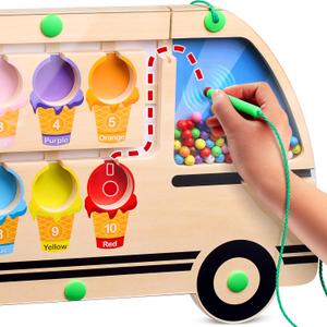 Large & Fun Ice Cream Truck Magnetic Color & Number Maze Adventure Toy - For Toddlers and Kids - Montessori Puzzle Board for 1-10 Counting and 10 Color Matching/Sorting - Improve Child's Motor Skills