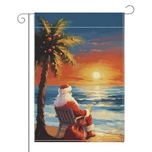 Tropical Christmas Garden Flag, Coastal Christmas Palm Tree Santa Garden Flag, Festive Beach Santa Decor, Outdoor Decorations Small Double Sided Burlap12 x 18 Inch for Outside Yard