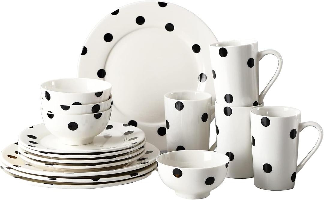 16-Piece Black and White Polka Dot Porcelain Dinnerware Set for 4  Includes Plates, Bowls & Mugs, Dishwasher & Microwave Safe, Ideal for Home Dining & Gifts