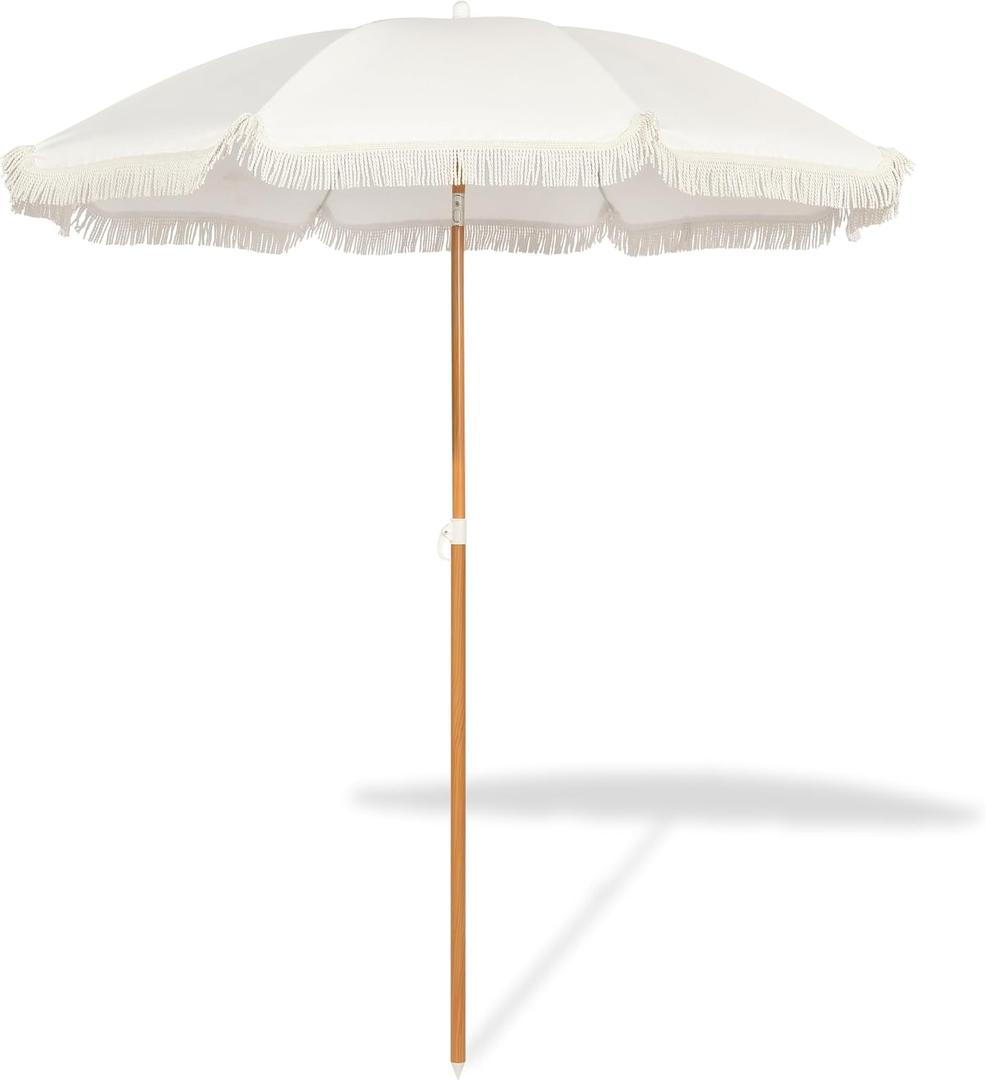 Seazul 5.2ft Patio Umbrella with Fringe, Beach Umbrella, Fringe Umbrella Outdoor Patio, Tilting Steel Pole, UV 50+, Fiberglass Ribs, Elegant Cream