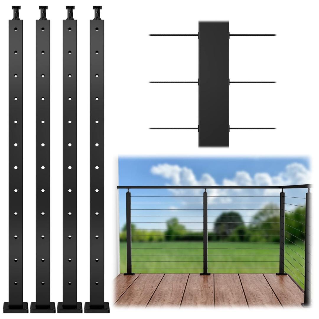 Muzata 4Pack Black Cable Railing Post 42 Inch 42"x2"x2" Level Drilled Surface Mount T304 Stainless Steel Cable Railing System Kit Indoor Outdoor with Paper User Guide PS01 BH4L