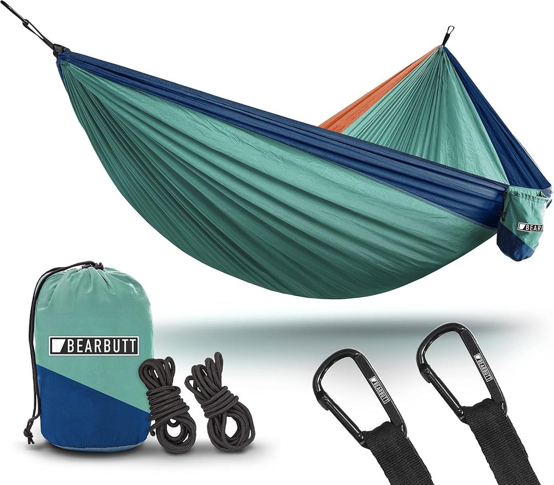 Bear Butt 2 Person Portable Hammock - Backpacking to Camping - Double Hammock for Travel & Outdoor (Turquoise / Dark Blue / Coral)