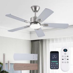 42 inch Modern Ceiling Fans with Lights APP/Remote Control, Low Profile Reversible 6 Speeds Dimmable Ceiling Fan Light for Indoor/Outdoor Bedroom Living RoomNickel