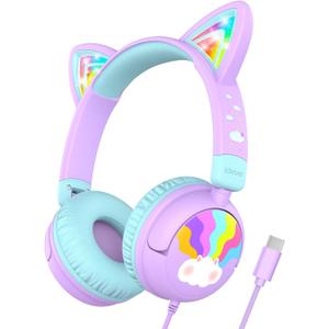 iClever Kids Headphones USB C, LED Light Up, 85dBA Safe Volume, Stereo Sound Toddler Headphones for Travel School, Kids Headphone with Cord for iPad Tablets, Meow Lollipop-Purple