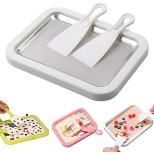 Rolled Ice Cream Maker Kit, At-Home Stainless Steel Instant Freeze Plate with 2 Scrapers, DIY Rolled Ice Cream Tray, Instant Ice Cream Maker for Yogurt, Sorbet (White)