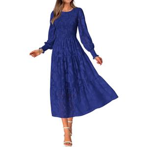 BTFBM Wedding Guest Dresses for Women Spring Fashion 2026 Casual Long Sleeve Floral Maxi Boho Homecoming Dress (Blue, XL)