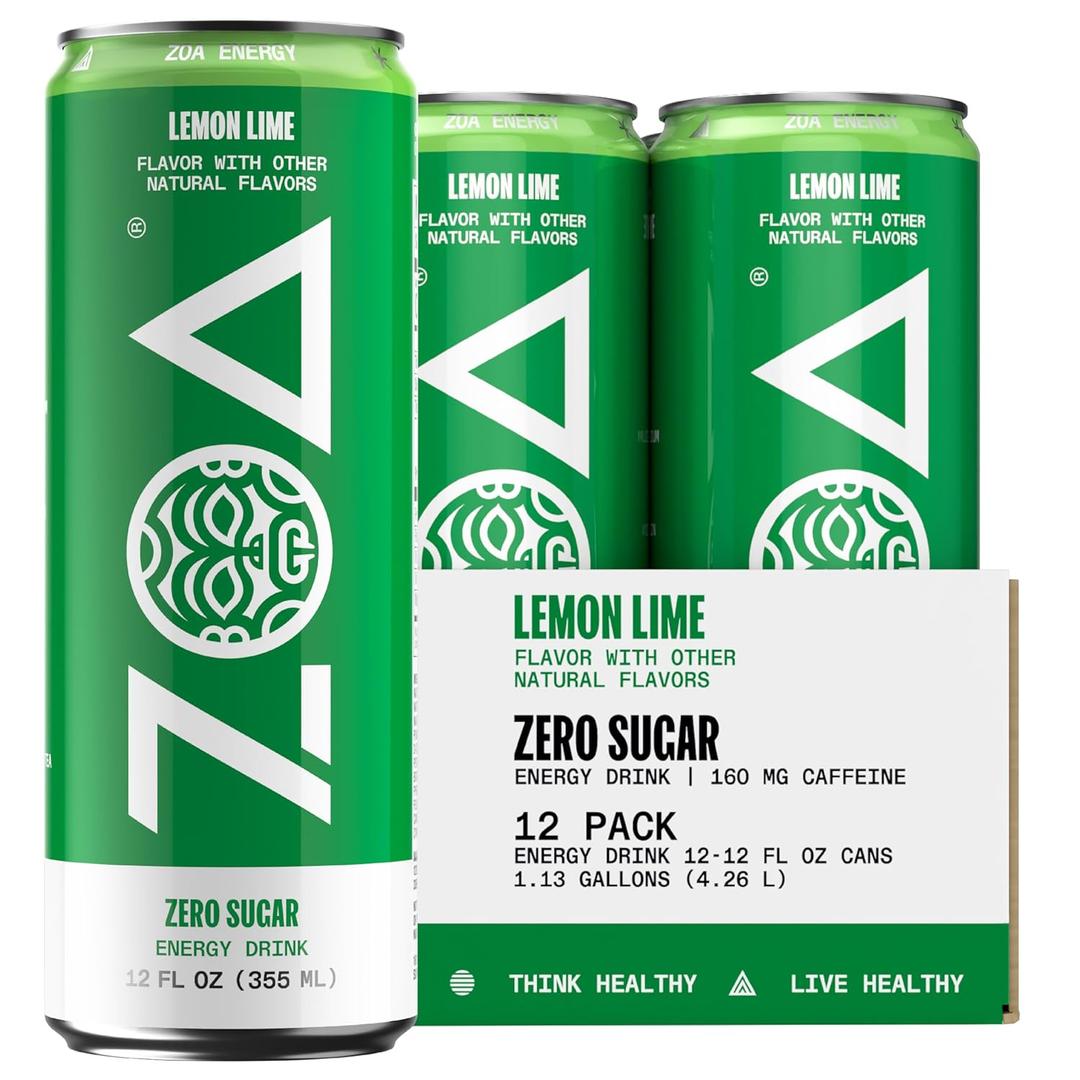 ZOA Energy Sugar Free Energy Drinks With Electrolytes For Hydration, Lemon Lime - 12 Fl Oz (12-Pack) BB Date: 4/16/26