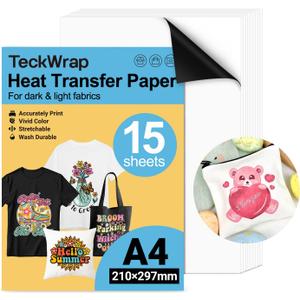 TECKWRAP Printable Heat Transfer Paper for T-Shirts 15 Sheets, 8.3" X 11.7" Printable Heat Transfer Vinyl for Inkjet Printer, Iron on Transfer Paper for Light and Dark Fabric (Matte White)