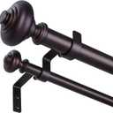 Wood Double Curtain Rods for Windows 36 to 72 inch, Boho Vintage Decorative 1 Inch Adjustable Dual Curtain Rod, Heavy Duty Farmhouse Double Drapery Pole with Imitation Wood Grain Finials