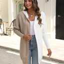 Womens Hooded Long Cardigan Color Block Open Front Knit Cardigan Oversized Lightweight Knit Sweater Outwear (L)