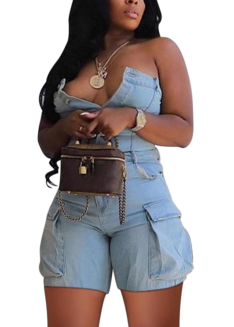Unybwonn Women Sexy Denim Cargo Romper Strapless Sleeveless Stretch Jean Jumpsuit One Piece Overalls Shorts Clubwear L