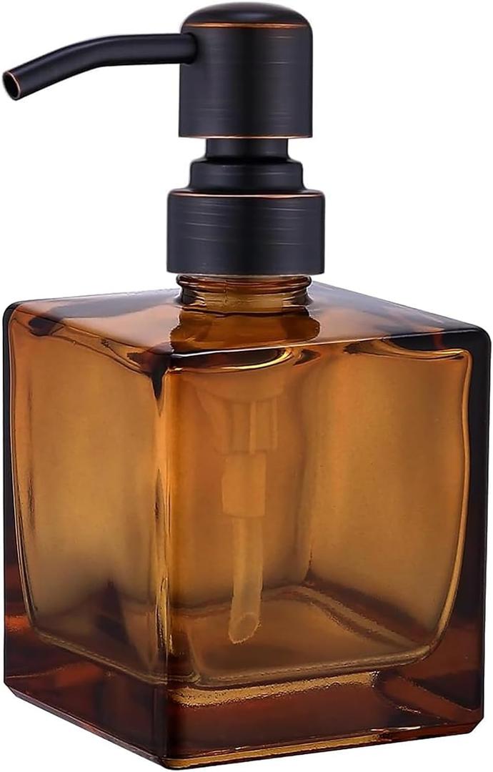 Square Bathroom Soap Dispenser Amber Bottle with Oil Rubbed Bronze Pump, Retangle Cube 8.4 oz Glass Bottles with Stainless Steel Pump Hand Liquid Soap Dispenser Kitchen