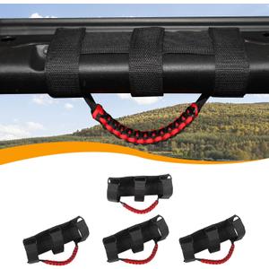 4 x Roll Bar Grab Handles Paracord Grip Handles Compatible with 1955-2023 Jeep Wrangler YJ TJ JK JKU JL JLU & Gladiator JT, Black & Red, Interior Accessories