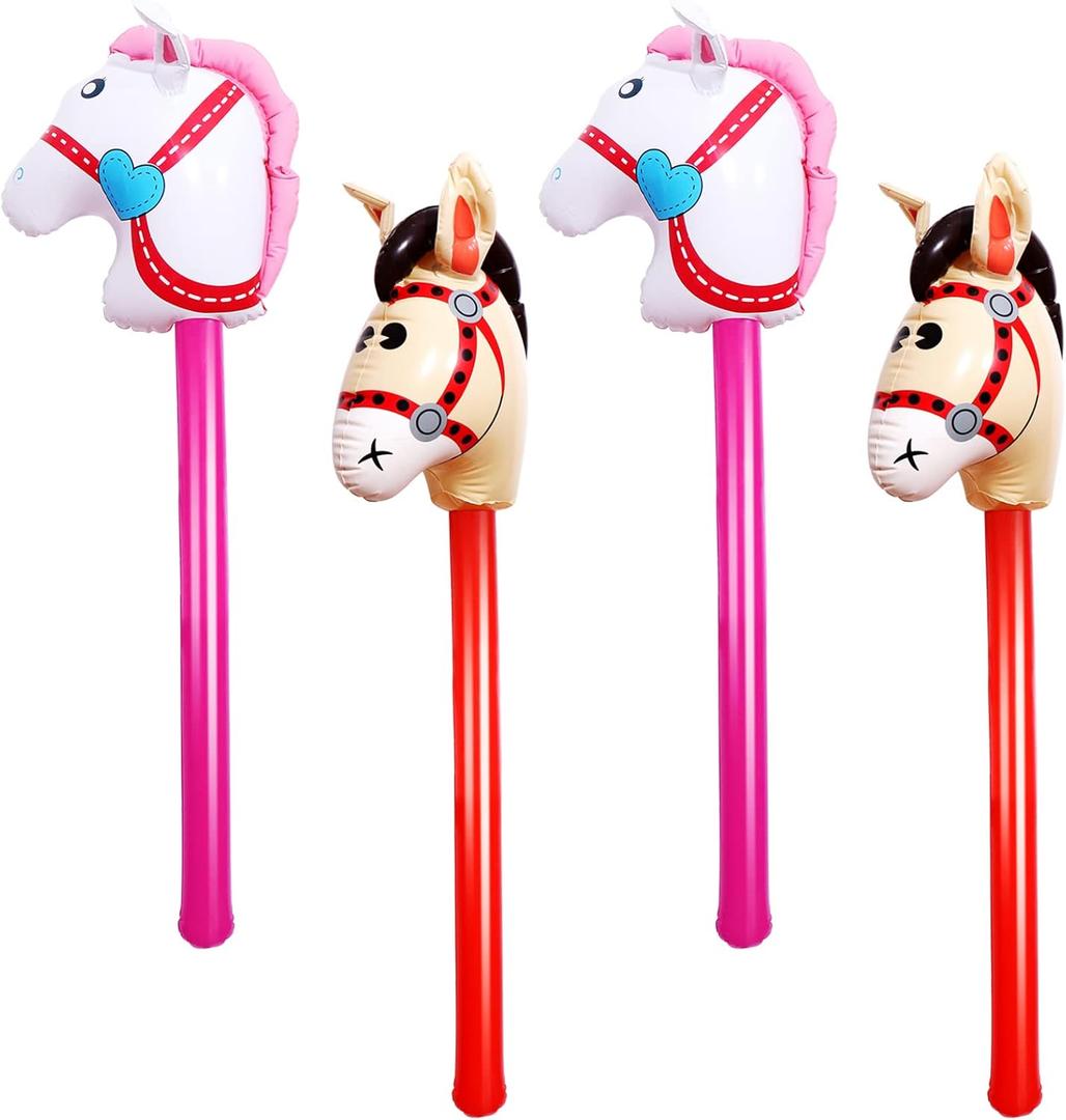 4 Pcs 40 Inch Inflatable Stick Horse Colorful Horse Head Stick Balloon Horse Birthday Party Supplies Pony Stick for Christmas Horse Themed Party Decorations Costume Stick