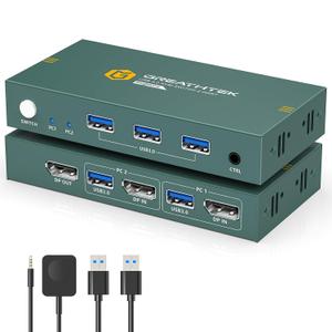 KVM Switch 1 Monitors 2 Computers Displayport 8K@60Hz, USB3.0 KVM Switch Displayport with 3 USB 3.0 Ports EDID Adaptive Sharing Mouse Keyboard and Monitor Plug and Play
