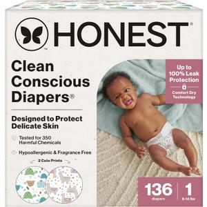 The Honest Company Clean Conscious Diapers for Sensitive Skin, Up to 100% Leakproof Hypoallergenic Fragrance-Free Baby Diapers, Gender Neutral Prints, Super Club Box, Size 1 (814 lbs), 136 Count (All the Alpacas + Turtle Time)