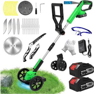 Electric Cordless Weed Wacker Eater Battery Powered Weed Trimmer with 2 21V/2.0Ah Battery Operated & Wheels & Charger & 5 Types Blades, No-String Brush Cutter/Grass Trimmer/Lawn Edger for Garden Yard