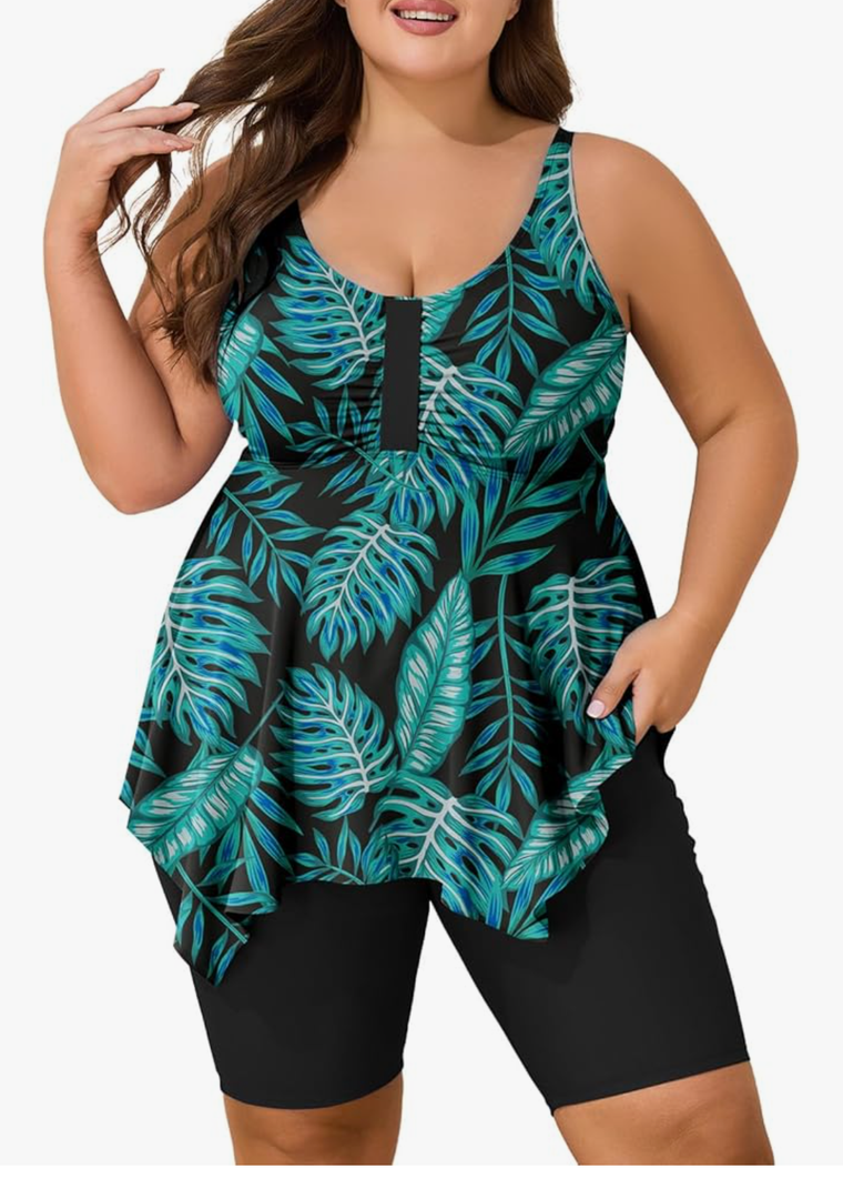 Summer Mae Plus Size Swimsuit Tankini for Women Two Piece Bathing Suit Flowy 2025 Rash Guard Swimwear with Capris Shorts, 18W