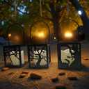 3-Pack Halloween LED Lantern Set - Flickering Electric Candles in Black Metal Frame with Handle - Witch, Spiderweb, and Tree Designs for Spooky Indoor Outdoor Decor