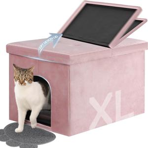 MEEXPAWS Cat Litter Box Enclosure Furniture Hidden Large, Lift Design Lid Velvet Cat Washroom Bench Storage Cabinet |25.6x 17.7 x 17.7 in| Dog Proof|Urine Proof Inside|Quick Assembly| Easy Clean(Pink)