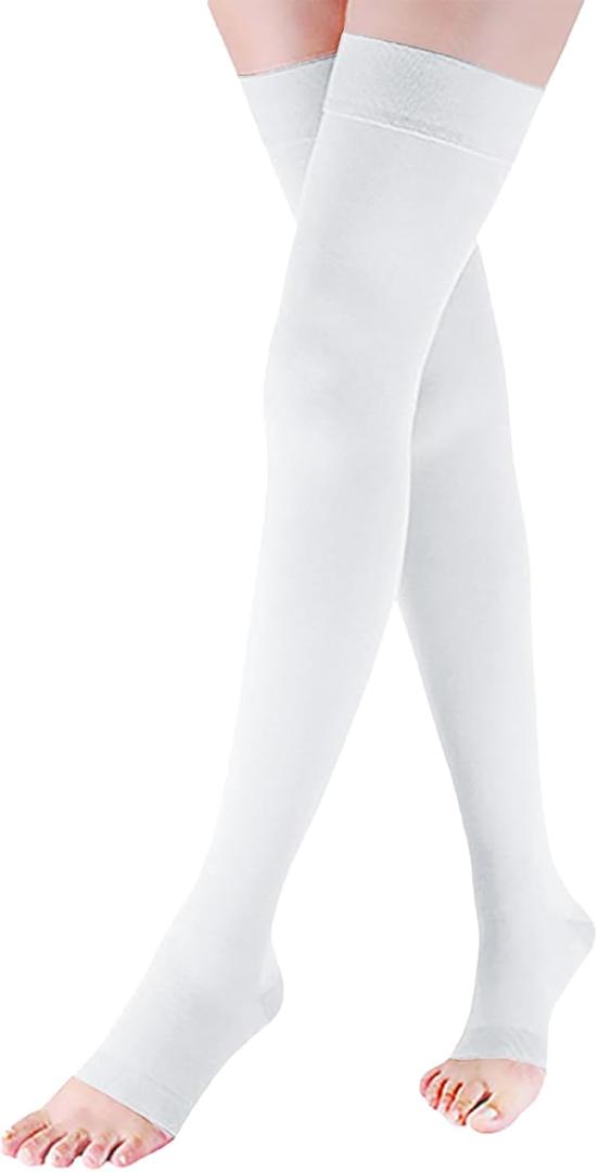 Lin Performance 15-20 mmHg Medical Compression Stockings for Women & Men, Thigh High Dot-Top Open Toe, Leg Support for Daily & Travel Comfort (White,XL)
