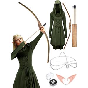 Xtinmee 5 Pcs Women Renaissance Elf Costume Medieval Irish Viking Fairy Costume for Masquerade Halloween Cosplay (Medium, Green)