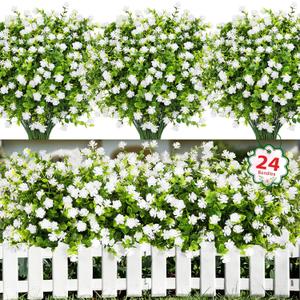 Ouddy Decor 24 Bundles Artificial Flowers for Outdoors Decoration Fake Flowers UV Resistant Faux Plastic Greenery Eucalyptus Plants for Spring Summer Garden Patio Indoor Outdoor Home Decor, White