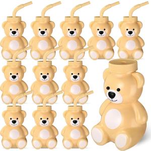 Maxdot 12 Pcs Bear Cups with Straws and Lids, 10 oz Plastic Bear Shape Cup Reusable Creative Cups Bulk for Baby Shower Kids Birthday Wedding Party Favors(Light Brown)