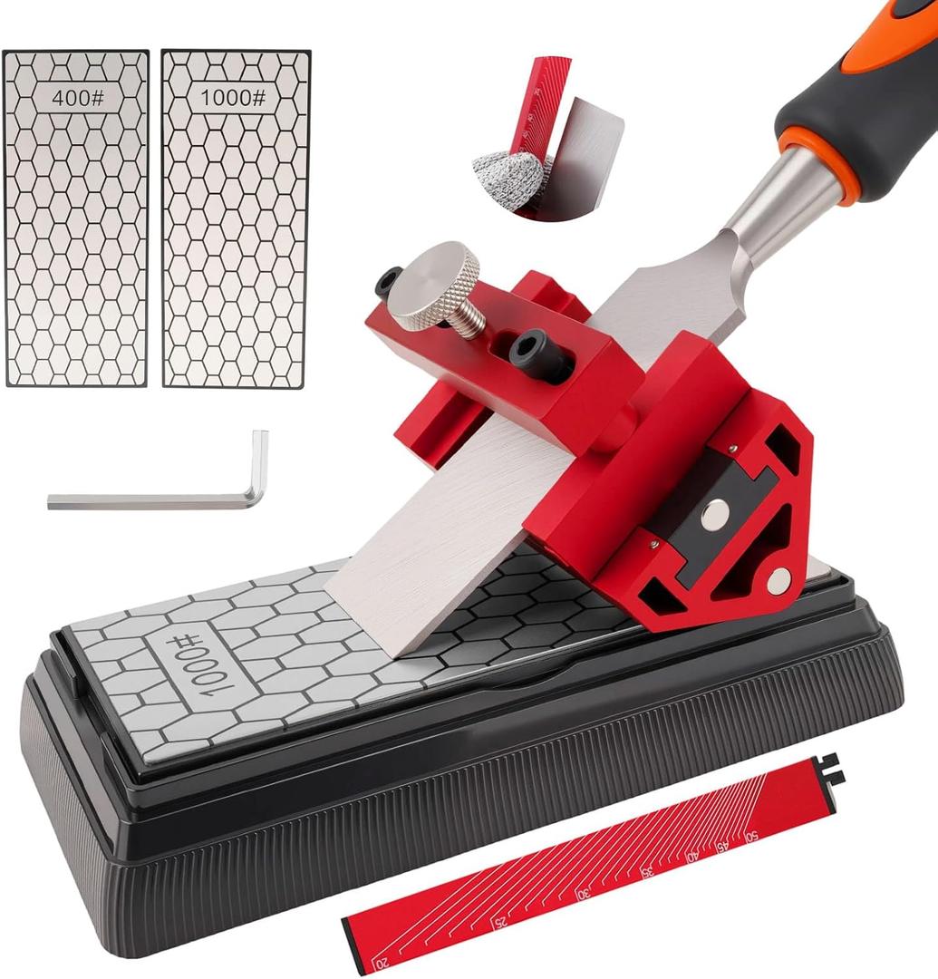 Chisel Sharpening Kit with Honing Guide & 400/1000 Grit Diamond Stone, Woodworking Sharpening Jig for Chisels & Plane Blades, Angle Guide, Non-Slip Base & Bag