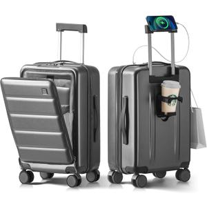 20 IN Carry On Luggage 22x14x9 Airline Approved - Front Pocket Hardside Travel Suitcase Unbreakable -with Cup Holder,Charging Port,Side Pothook, 360Spinner Wheels, TSA Lock-Grey (20 Inch, Gray)