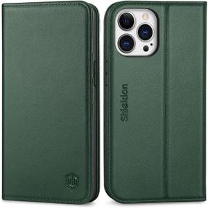 SHIELDON Case for iPhone 13 Pro 6.1", Genuine Leather Flip Wallet RFID Blocking Card Slots Magnetic Kickstand Shockproof Protective Case Compatible with iPhone 13 Pro - Midnight Green