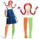 2 Pcs Halloween Freckled Stocking Girl Costume Set Red Braided Wig Clown Pigtail Costume with Mismatched Stockings for Halloween Cosplay Party Outfits Girls Women