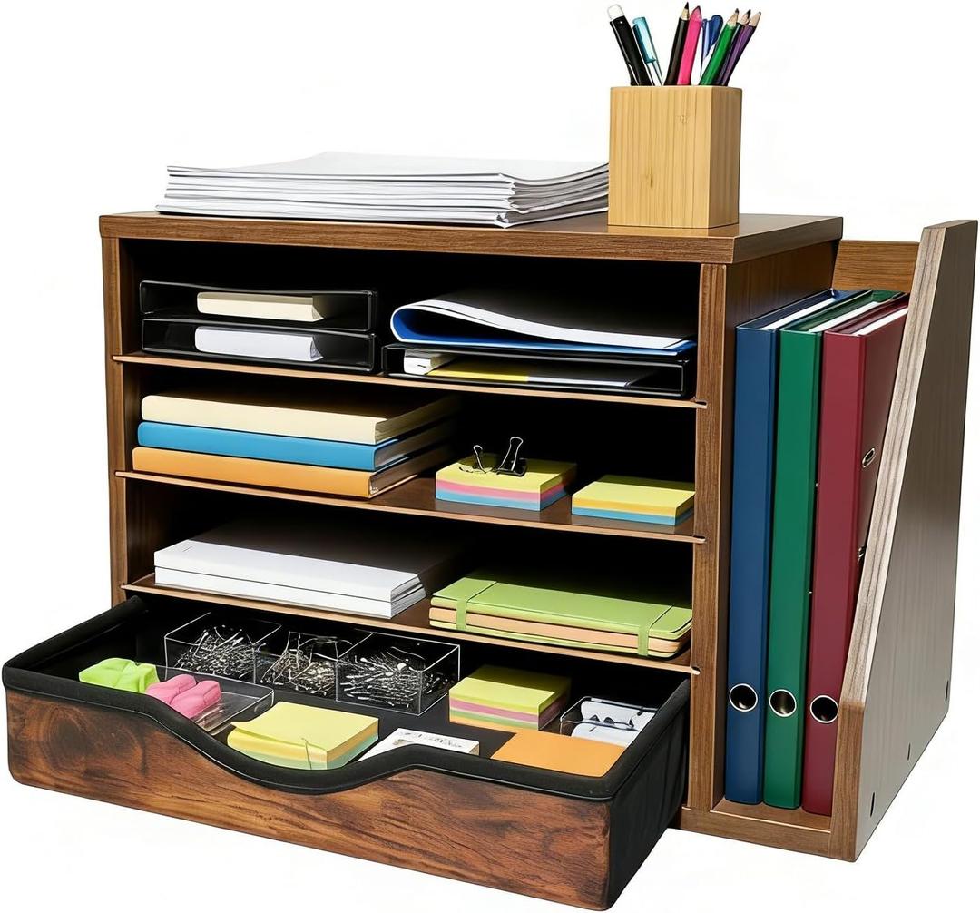 Wooden Desk Organizer with Drawers, Office Organizers, 4 Tier Desk Organizer and Accessories, Paper File Mail Organizer, Brown