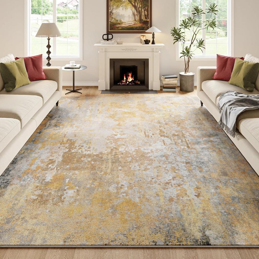 Beige Gold Washable Rug 6x9 Area Rugs for Living Room Bedroom Carpet, Indoor Vintage Abstract Boho Large Rug Non Slip Faux Wool Rugs for Dorm, Dining Room Table, Nursery, Kids Playroom