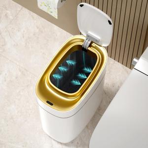 ELPHECO Slim Bathroom Trash Can with Lid, 2.5 Gallon Automatic Adsorption Garbage Can, Sensor Trash Bin, Slim Waterproof Garbage Can, Smart Waste Bin for Narrow Space, Bag Self-Absorbing, Golden (Golden Absorption)