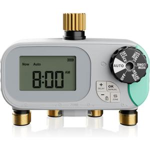 QUOBAS 4 Zone Water Timer, Programmable Sprinkler Timer for Garden Hose with Rain Delay/Manual/Automatic Irrigation System, Outdoor Watering Timer for Lawn, Yard, Garden, Pool