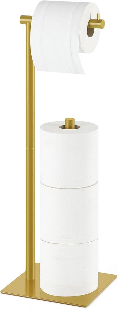 Toilet Paper Holder Stand Beige Gold Free Standing TP Holder, Metal Toilet Paper Roll Holder with Reserve Bathroom Tissue Storage Holder, Beige Gold (1)