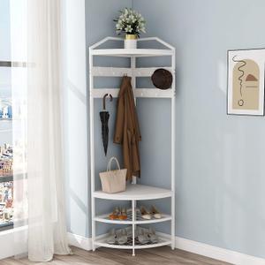 GiftGo Corner Hall Tree with Shoe Bench Entryway Coat Rack with 10 Metal Movable Hooks Freestanding Clothes Rack Shoes Shelf Organizer for Home Office Bedroom (White), 71.3 inches x 18.1 inches x 18.1 inches