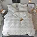 Duvet Cover Set Full/Queen Size 100% Cotton White/Light Gray Printed Striped Reversible Design 3Piece Bedding Set (1 Duvet Cover + 2 Pillow Shams) with Zipper Closure Soft Breathable