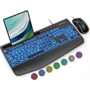 Keyboard and Mouse Combo Wired, Large Print Computer Keyboards with Wrist Rest, Lighted RGB Backlit Keyboard Easy to See, Ergonomic Light Up USB Keyboard Set for PC, Windows, Laptop SABLUTE