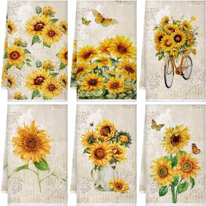 Bencailor 6 Pcs Sunflower Kitchen Towels Decorative Sets Dish Towels Absorbent Fast Drying Hand Tea Vintage Hanging Reusable Cleaning Dishcloths for Cooking Farmhouse Bathroom Accessory