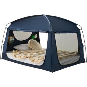 Privacy Sleep Indoor Bed Tent for Adults Kids, Portable Blackout 90% Canopy Tents with 3 Doors Breathable Mesh Windows, Queen
