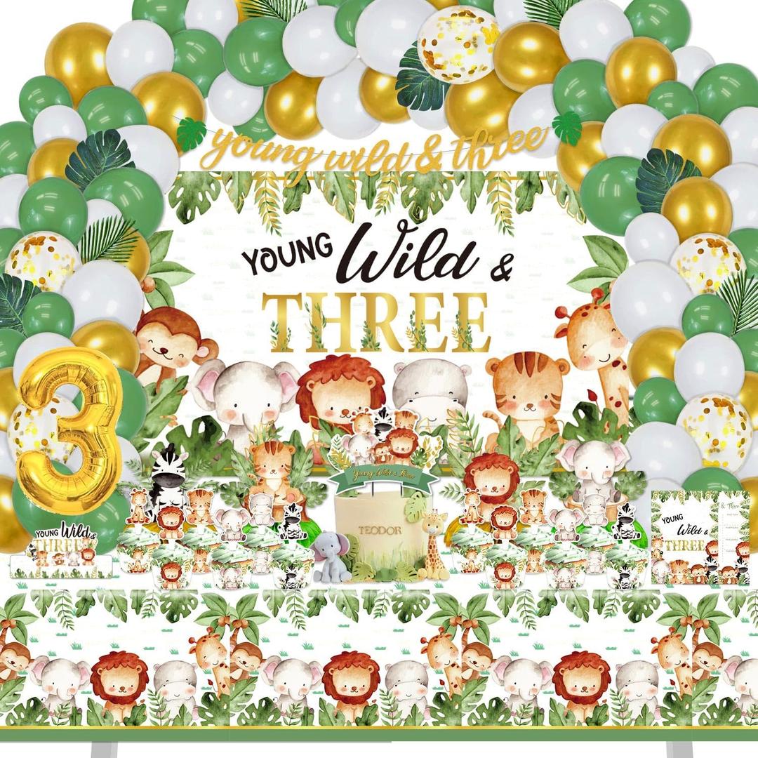 Young Wild and Three Birthday Decorations for Boys Girls, 157 Pcs Jungle Safari Theme Party supplies for Baby - Young Wild & Three Backdrop, Cake, Cupcake Toppers, Cupcakes Wrappers, Balloons 