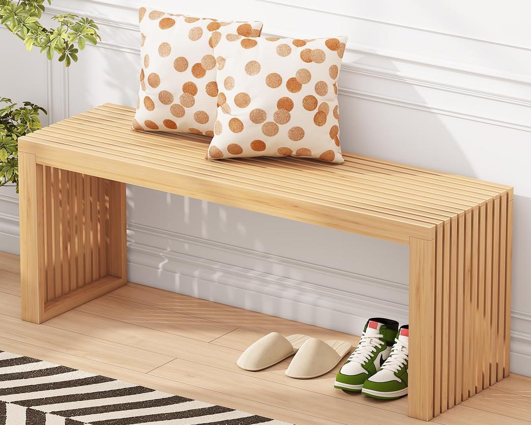 Bamboo Dining Bench, 35'' Slatted Design Entryway Bench, Natural, 35in