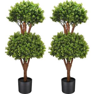 ChrisXiao 3ft Artificial Triple Ball Boxwood Topiary Tree Set of 2, Artificial All Year Green Fake Plant Ball Trees, UV-Resistant Indoor/Outdoor Porch Decor with Sturdy Pot