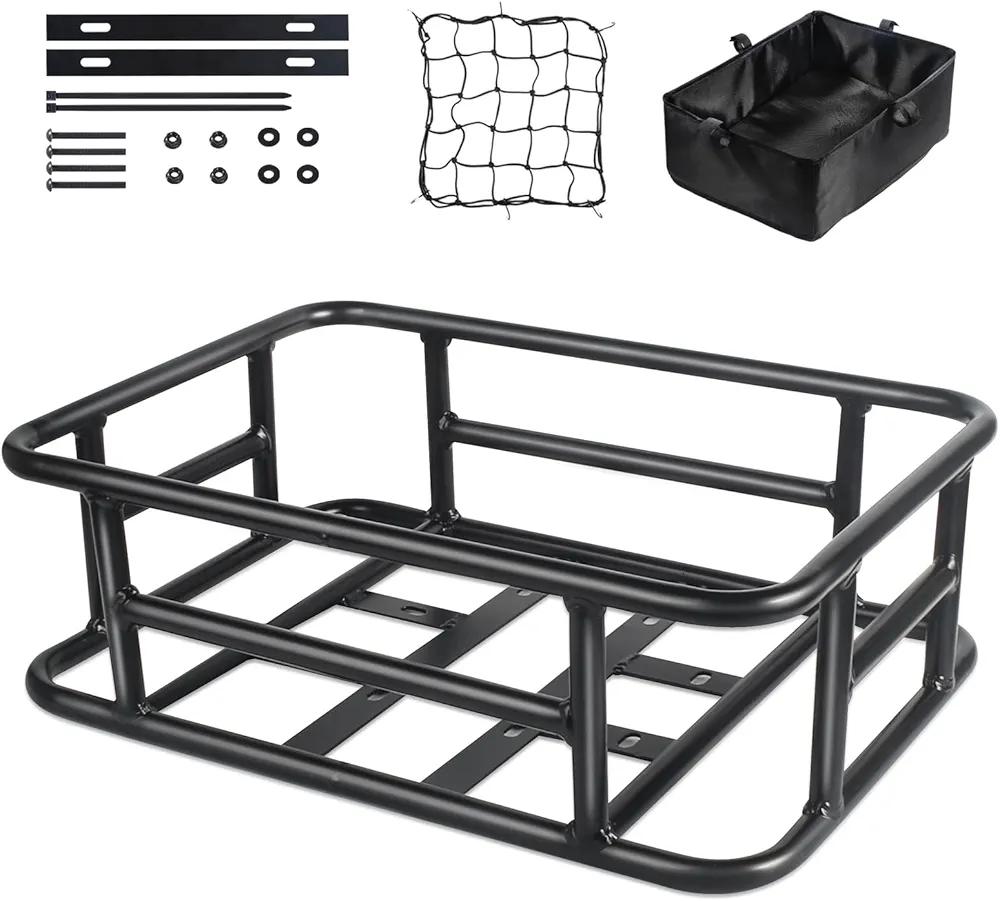 EBKAROCY Rear Bike Basket - Large Rear Bike Rack with Cargo Net and Liner Bicycle Basket Ebike Accessories Perfect Mount for Adults Electric Bike