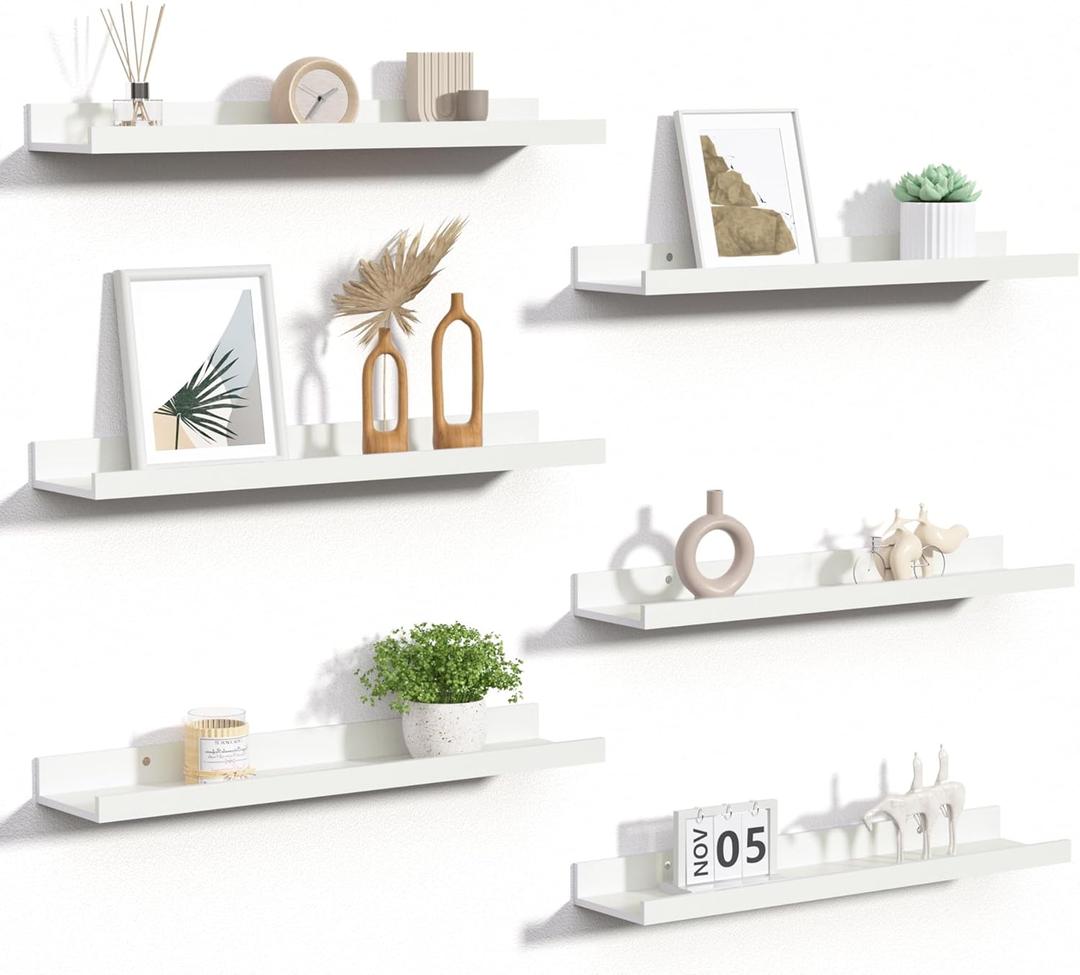 upsimples Floating Shelves for Wall, 23.6 Inch Shelves for Decor Storage Set of 6, Wall Mounted Wood Shelf for Bedroom, Living Room, Bathroom, Kitchen, Long Picture Ledge Shelves, White