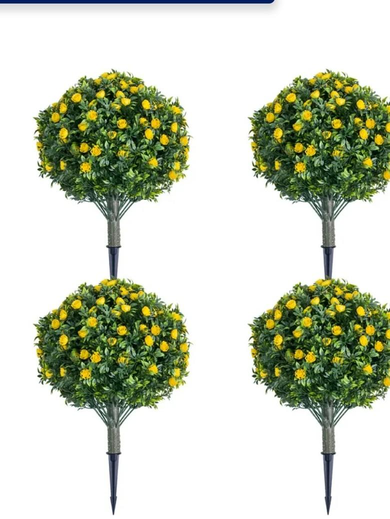 Yunlly 4 Pcs Artificial Flowers Fake Boxwood Topiary Ball Tree 27 Inch Outdoor Faux Bush Balls, Realistic UV Resistance Fake Shrub Plant with Spike for Garden Porch Patio Indoor Decor (Yellow)